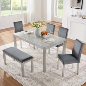 6 Piece Wooden Dining Table Set, Wooden Dining Table with 4 Upholstered Chairs and Bench for 6 People