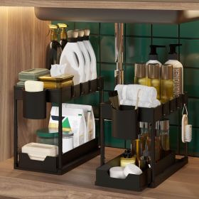 Under Sink Organizers and Storage 2 Pack Adjustable Height 2 Tier Bathroom Organizer Under Sink with Sliding Drawers 2 Cups 4 Hooks Highly Capaci