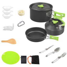 16Pcs Camping Cooking Ware Set Camping Stove Cookware Kit Aluminum Pot Pan Kettle Set With Bowls Knife Fork Spoon Carabiner Spatula Cutting Board (Color: Green)